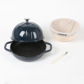 HAWOK Cast Iron Bread Cloche, Dia. 7.8inch/20cm, with Proofing Basket and Dough Scoring Knife, Sourdough Baking Pan Enameled Navy Blue